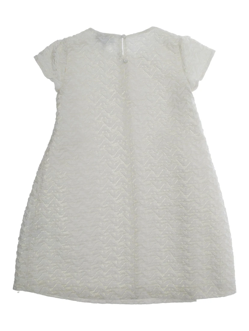 White Dress with Peter Pan Collar and All-Over Logo Embroidery in Tech Fabric Girl