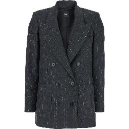 Grey Double-Breasted Jacket with Peak Revers and All-Over Striped Motif in Wool Blend Woman