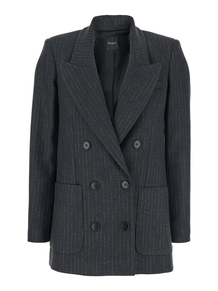 Grey Double-Breasted Jacket with Peak Revers and All-Over Striped Motif in Wool Blend Woman