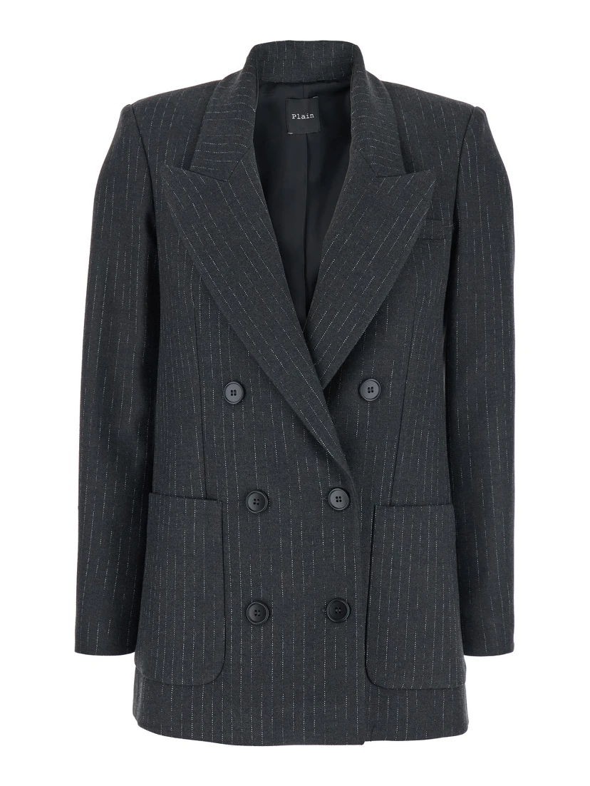 Grey Double-Breasted Jacket with Peak Revers and All-Over Striped Motif in Wool Blend Woman
