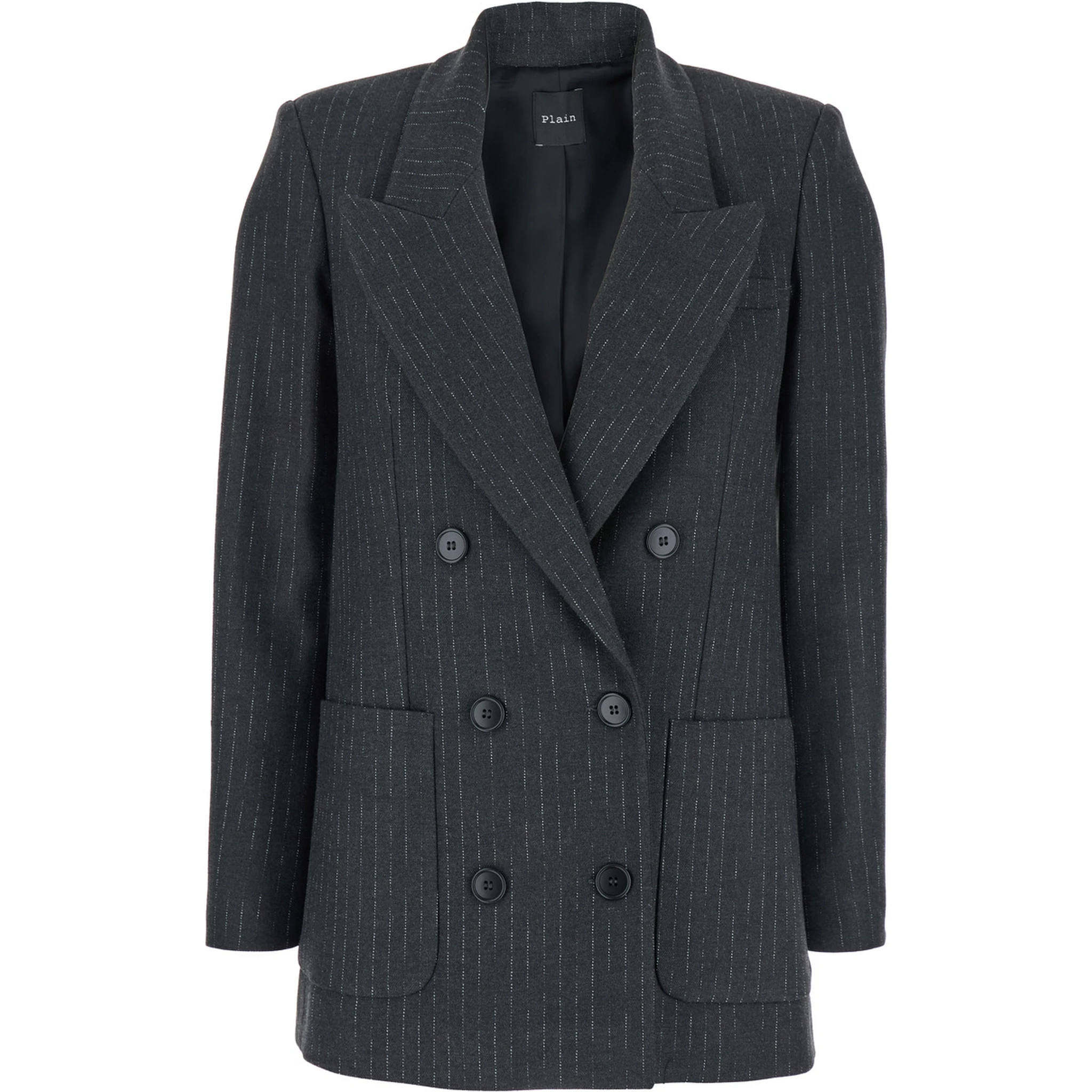 Grey Double-Breasted Jacket with Peak Revers and All-Over Striped Motif in Wool Blend Woman