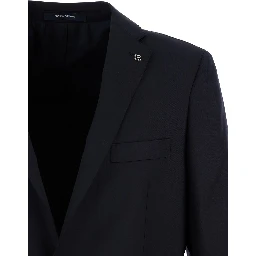 Black Single-Breasted Suit with Logo Pin in Cotton Man