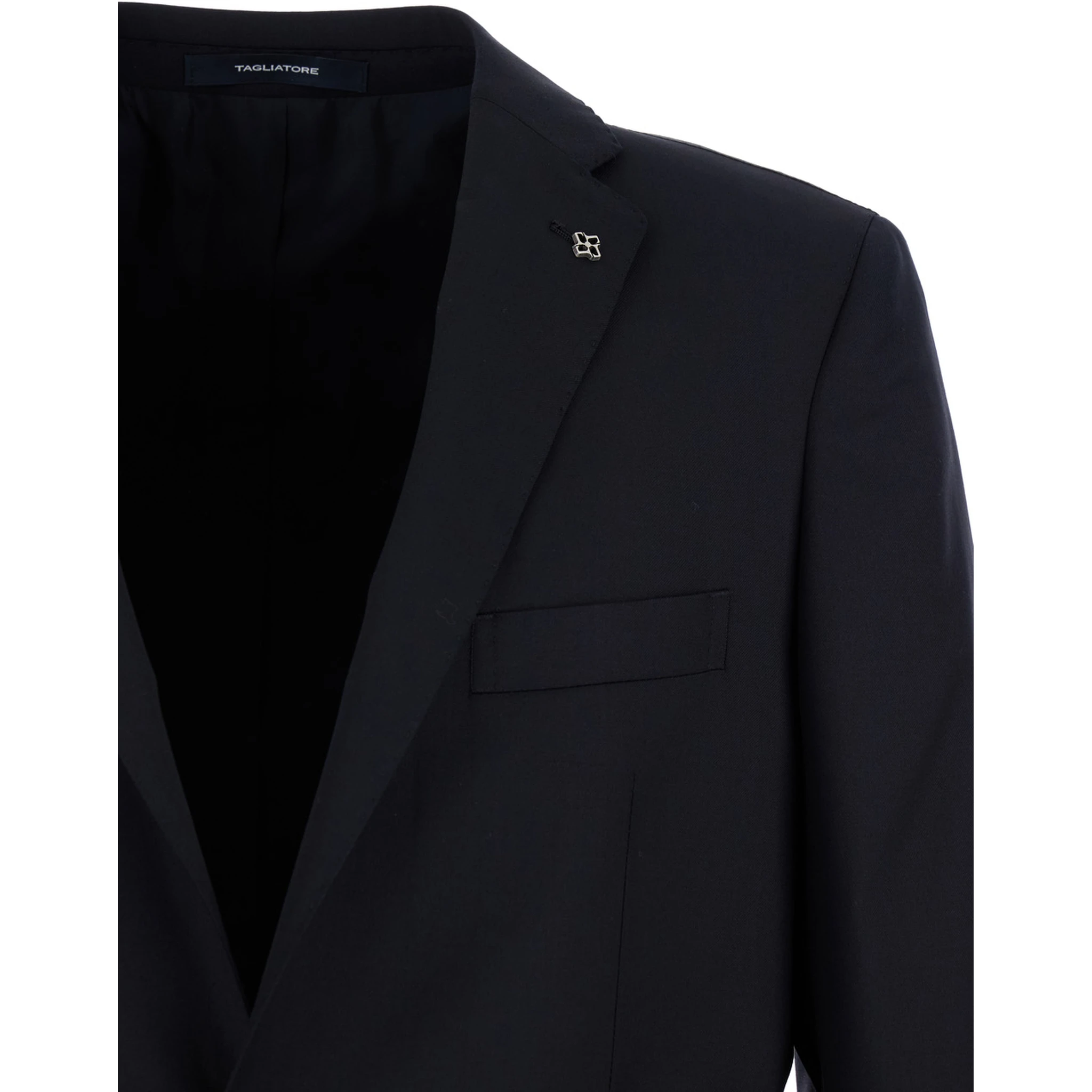 Black Single-Breasted Suit with Logo Pin in Cotton Man