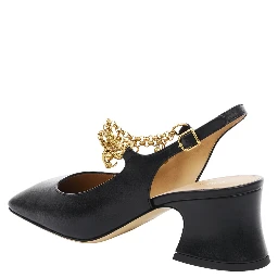 Black Pumps with Decorative Logo Charm and Wide Heel in Leather Woman
