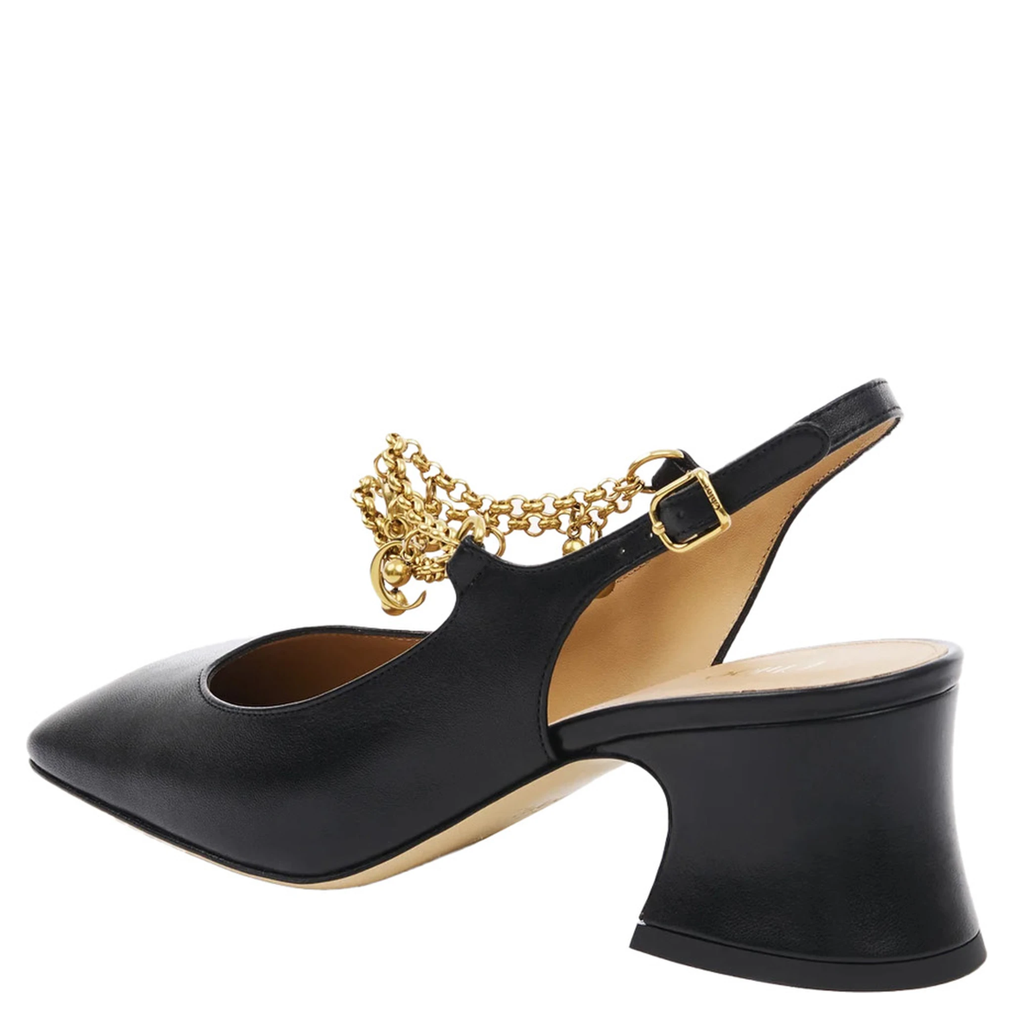 Black Pumps with Decorative Logo Charm and Wide Heel in Leather Woman