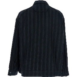 Black Jacket with Classic Collar and All-Over Stirped Motif in Wool and Cotton Blend Man