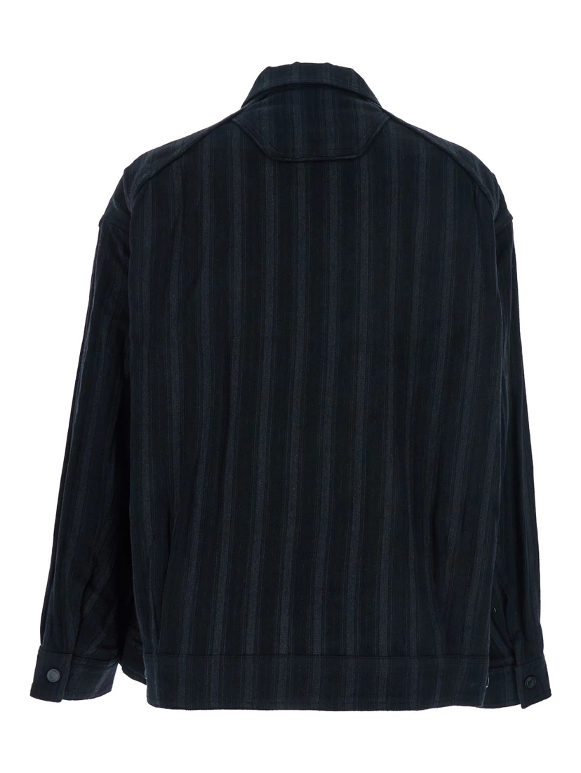 Black Jacket with Classic Collar and All-Over Stirped Motif in Wool and Cotton Blend Man