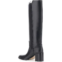 Black Knee-High Boots with Cut-Out on the Side and Logo Plaque in Leather Woman
