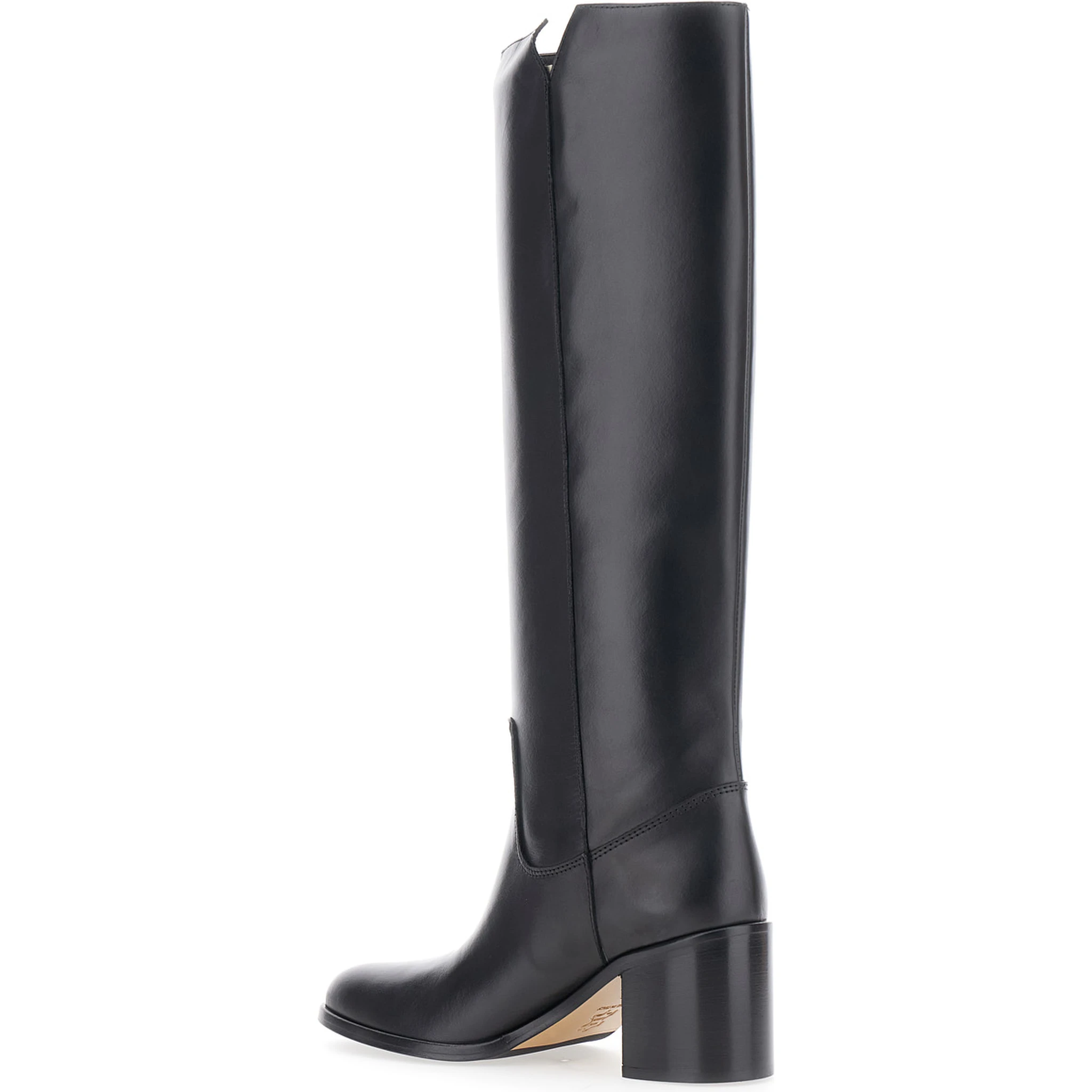 Black Knee-High Boots with Cut-Out on the Side and Logo Plaque in Leather Woman