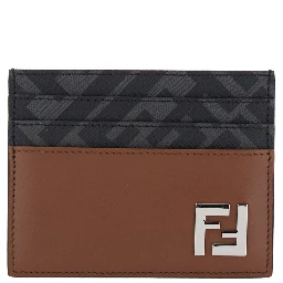 Brown Card Holder with FF Plaque on the Front in Leather and FF Canvas Man