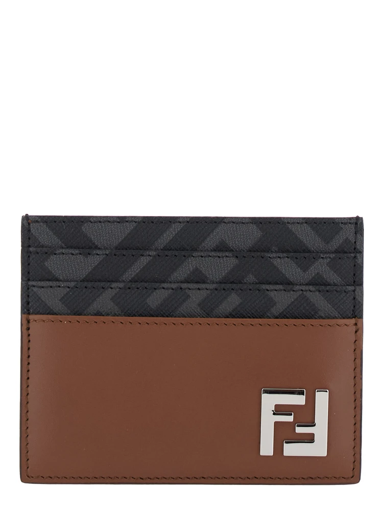 Brown Card Holder with FF Plaque on the Front in Leather and FF Canvas Man