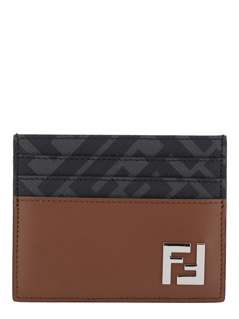 Brown Card Holder with FF Plaque on the Front in Leather and FF Canvas Man