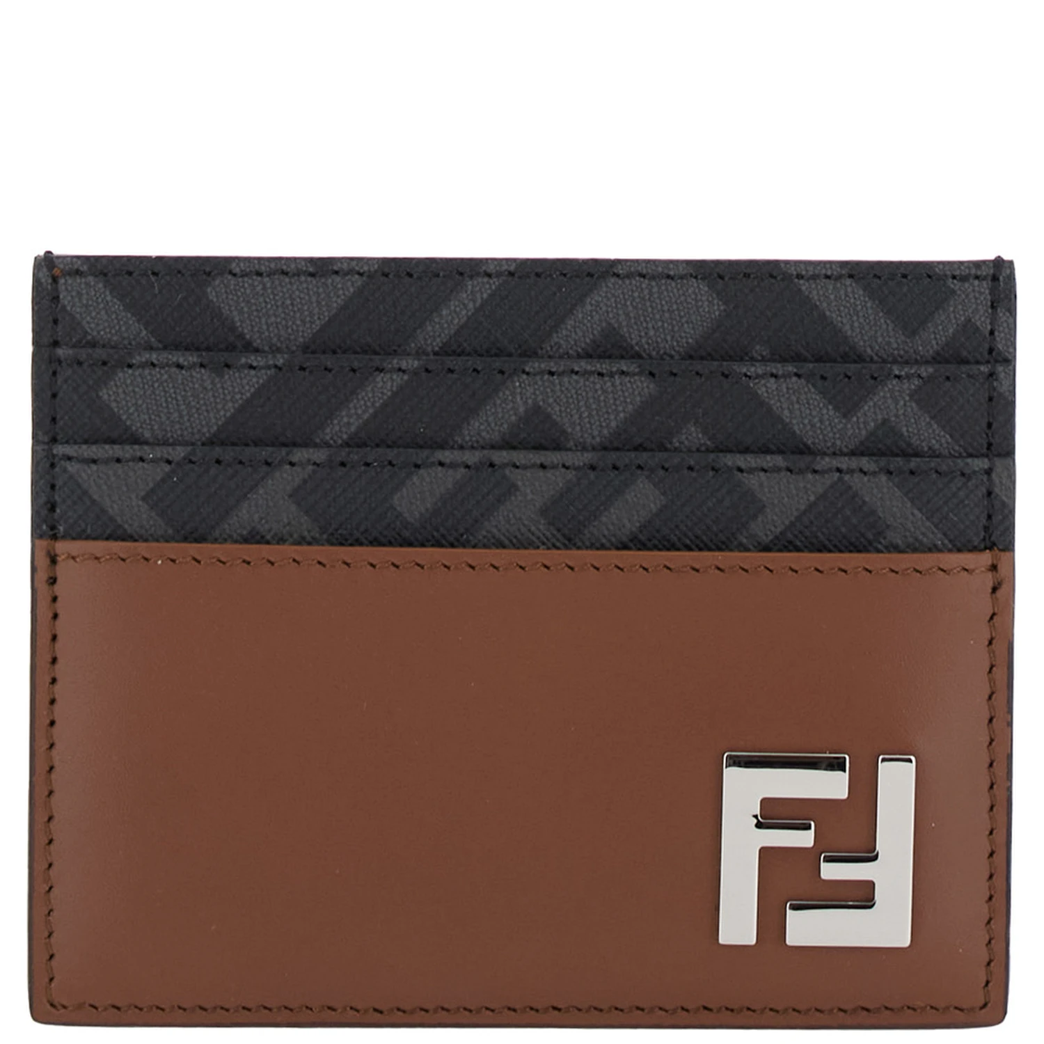 Brown Card Holder with FF Plaque on the Front in Leather and FF Canvas Man
