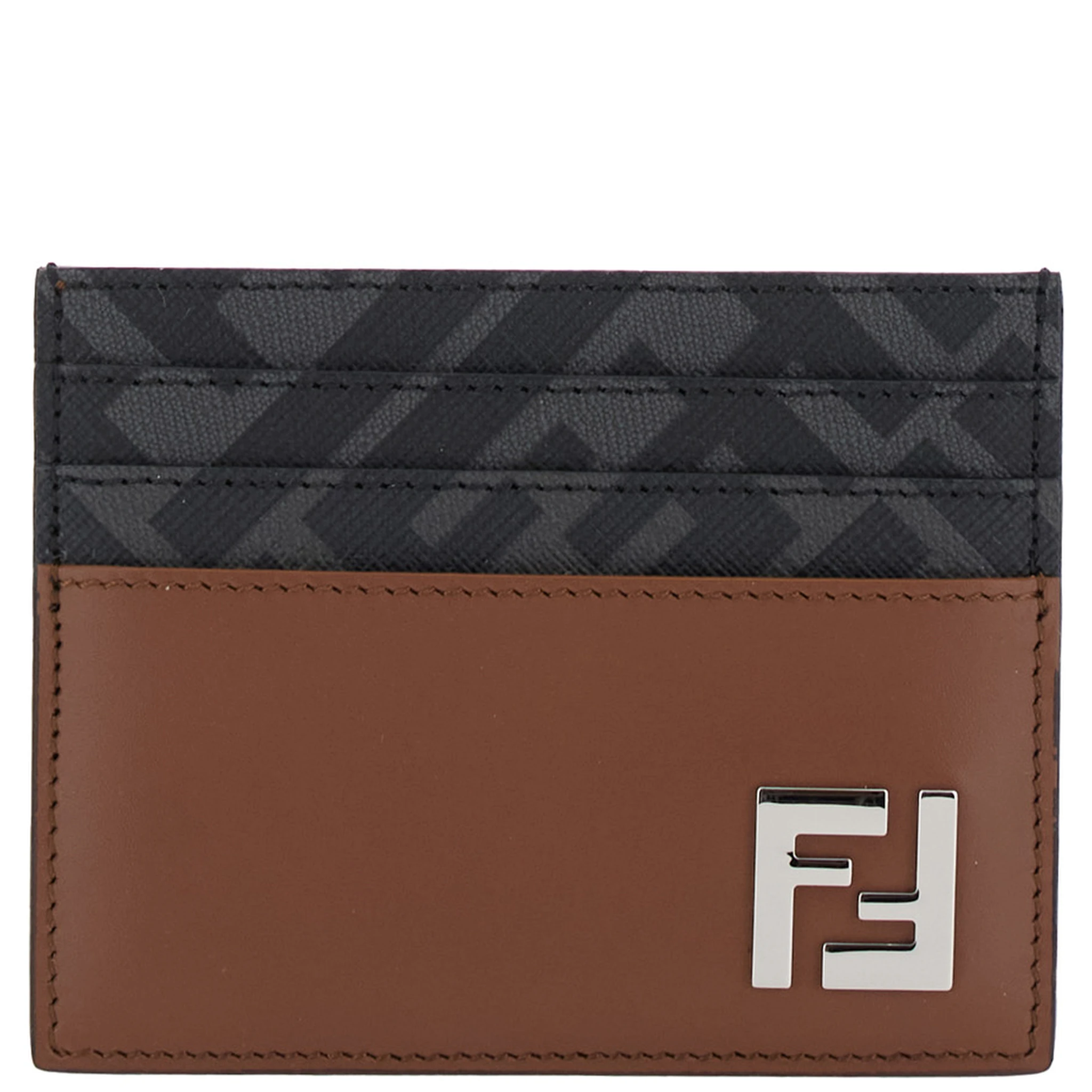 Brown Card Holder with FF Plaque on the Front in Leather and FF Canvas Man