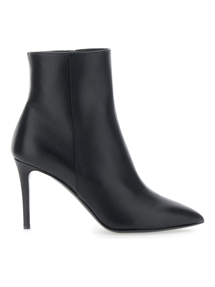 Black Ankle Boots with Stiletto Heel and Pointed Toe in Leather Woman