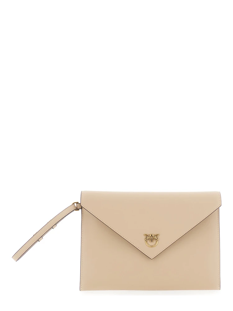 Beige Clutch Bag with Metal Plate and Love Birds Logo in Leather Woman