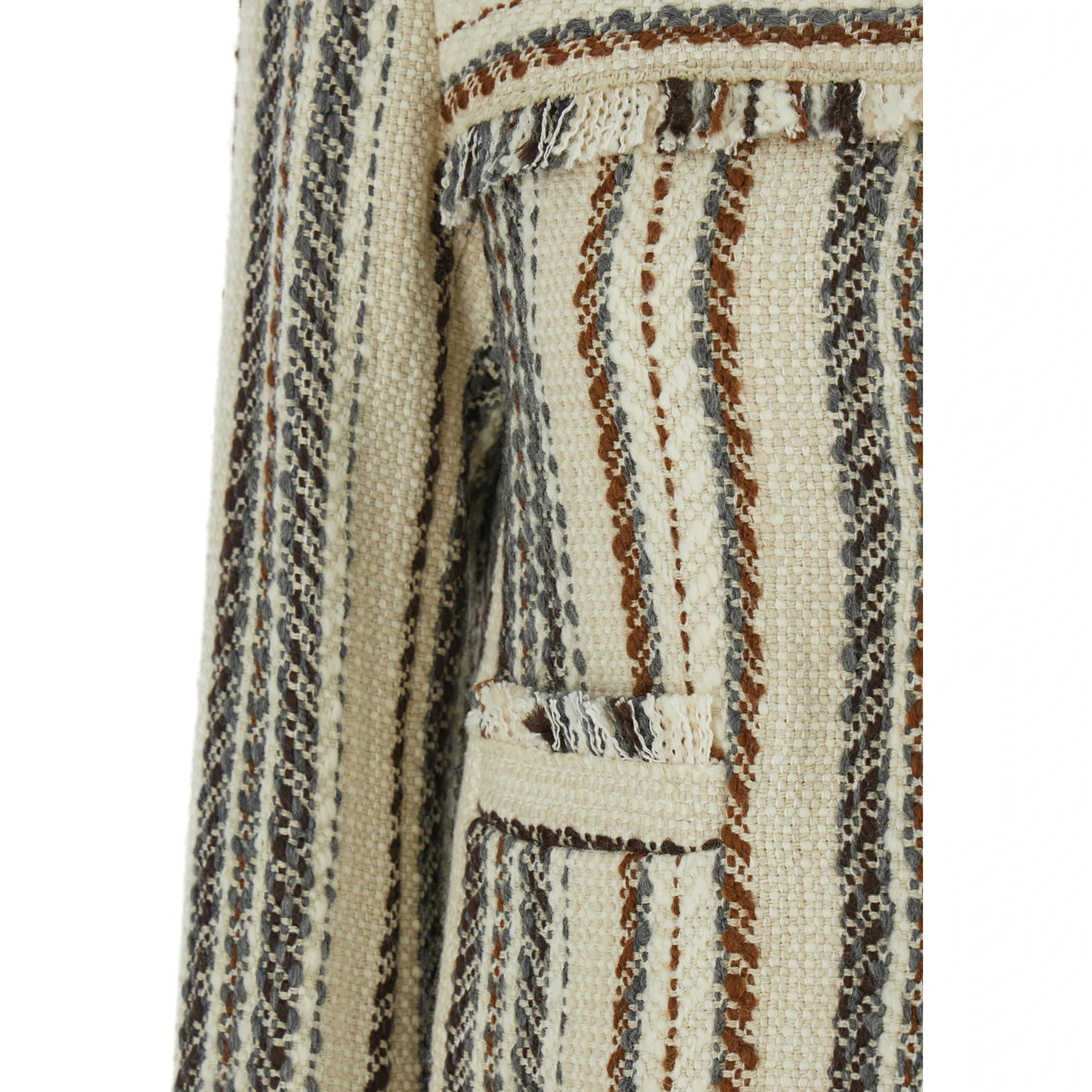 Izaria Beige Jacket with Fringed Round Neck and All-Over Striped Motif in Cotton and Wool Blend Woman