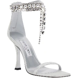 Crystal Metallic Sandals with Rhinestoned Ankle Strap and High Curved Heel in Leather Woman
