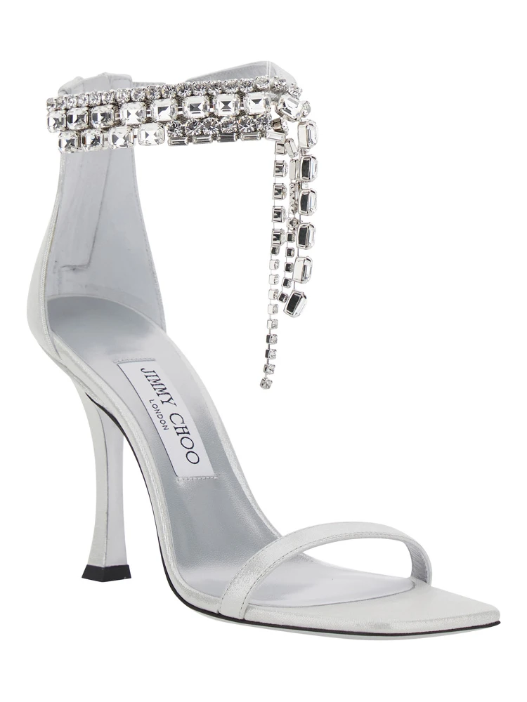 Crystal Metallic Sandals with Rhinestoned Ankle Strap and High Curved Heel in Leather Woman alternative