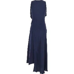 Blue Sleeveless Long Dress with V Neck in Fabric Woman