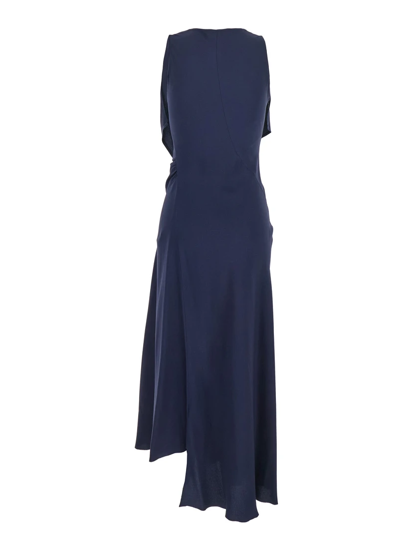 Blue Sleeveless Long Dress with V Neck in Fabric Woman