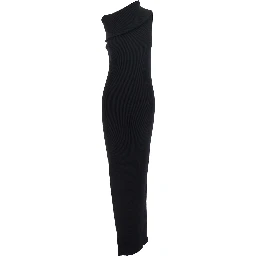 Athena Black Ribbed Knit Sleeveless Asymmetric Long Dress with Wide Neckline in Viscose Blend Woman