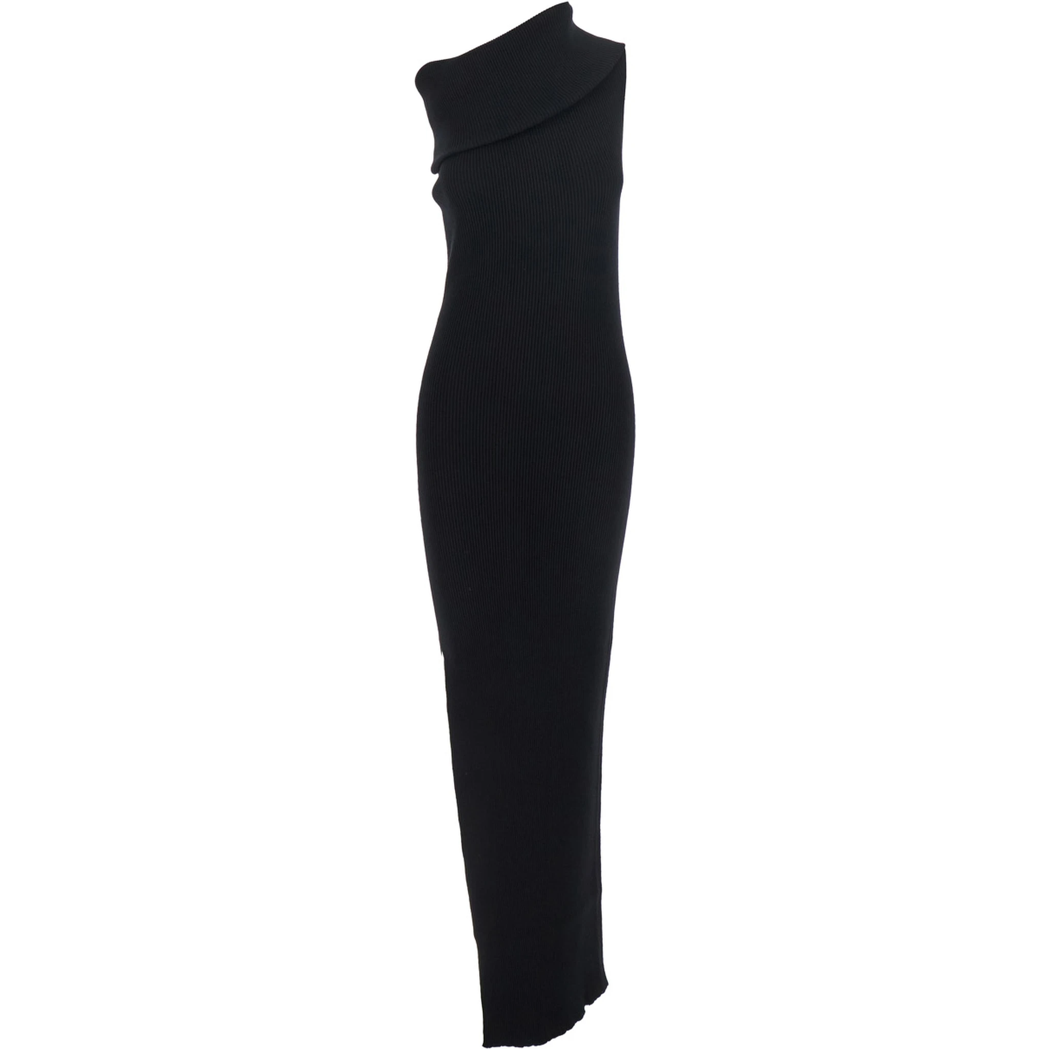 Athena Black Ribbed Knit Sleeveless Asymmetric Long Dress with Wide Neckline in Viscose Blend Woman