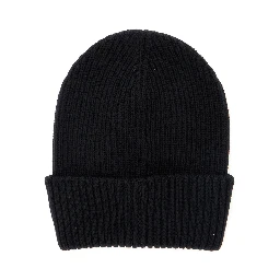 Black Ribbed Beanie with Logo Patch on the Front in Virgin Wool Woman