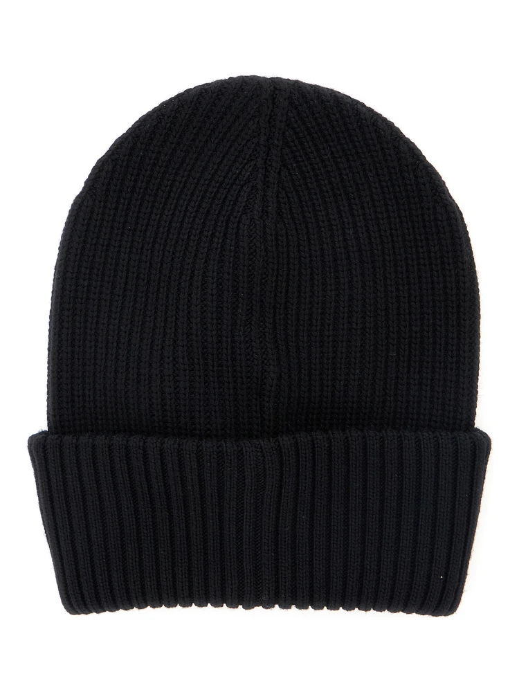 Black Ribbed Beanie with Logo Patch on the Front in Virgin Wool Woman