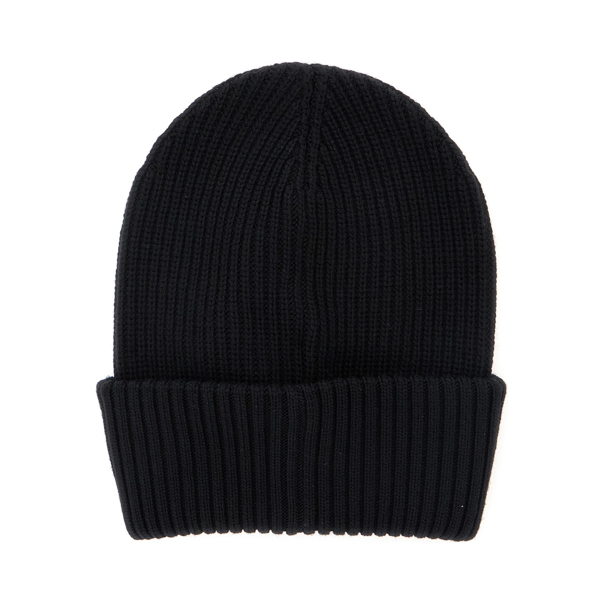 Black Ribbed Beanie with Logo Patch on the Front in Virgin Wool Woman