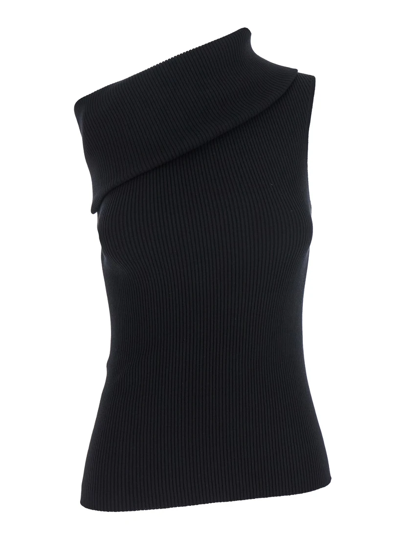 Athena Black Ribbed Knit Asymmetric Top with Wide Neckline in Cotton Knit Woman