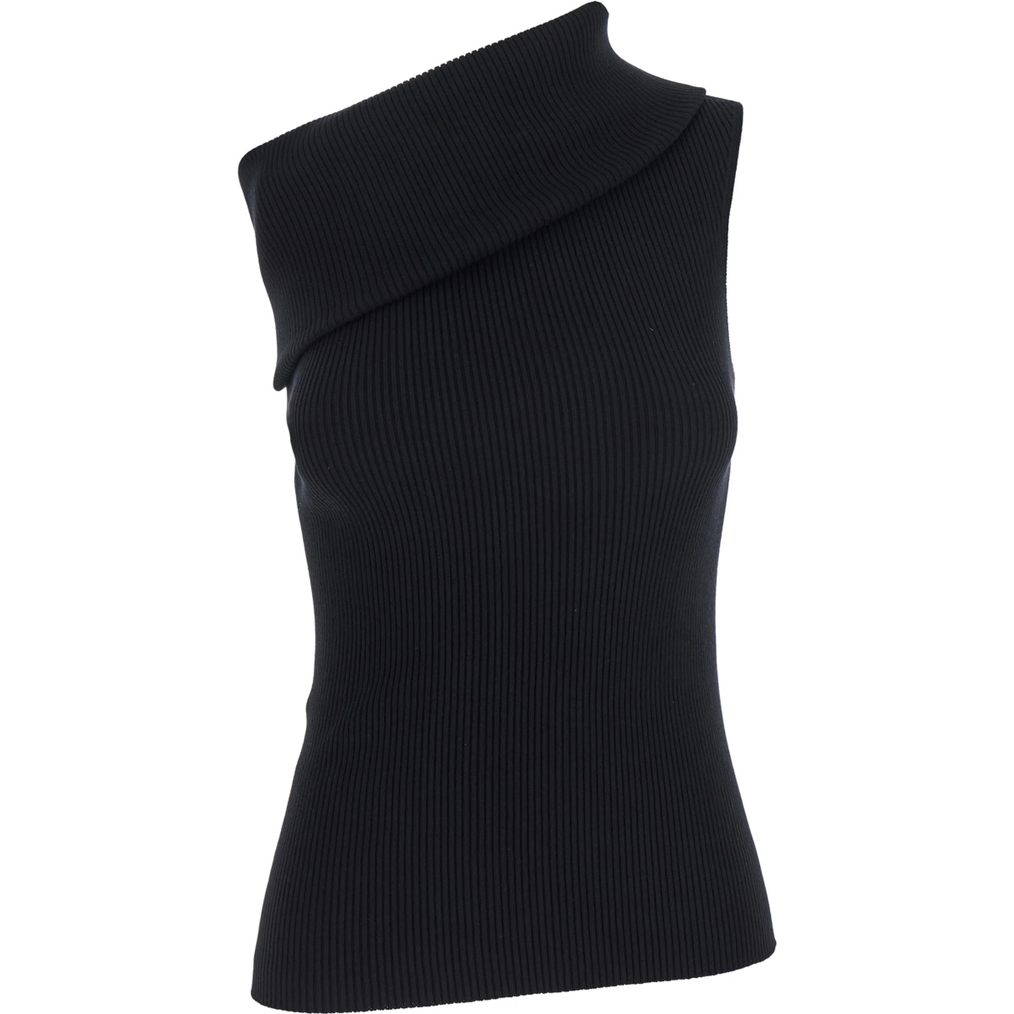 Athena Black Ribbed Knit Asymmetric Top with Wide Neckline in Cotton Knit Woman