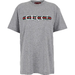 Grey Crewneck T-Shirt with Logo Lettering and Web Detail on the Front in Cotton Woman