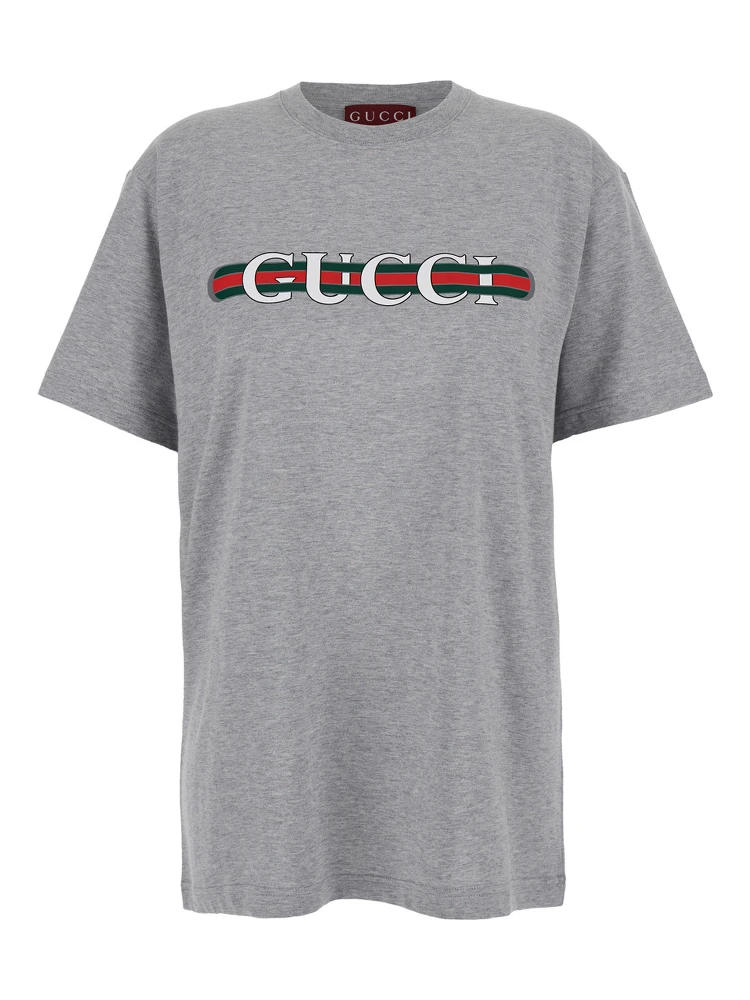 Grey Crewneck T-Shirt with Logo Lettering and Web Detail on the Front in Cotton Woman