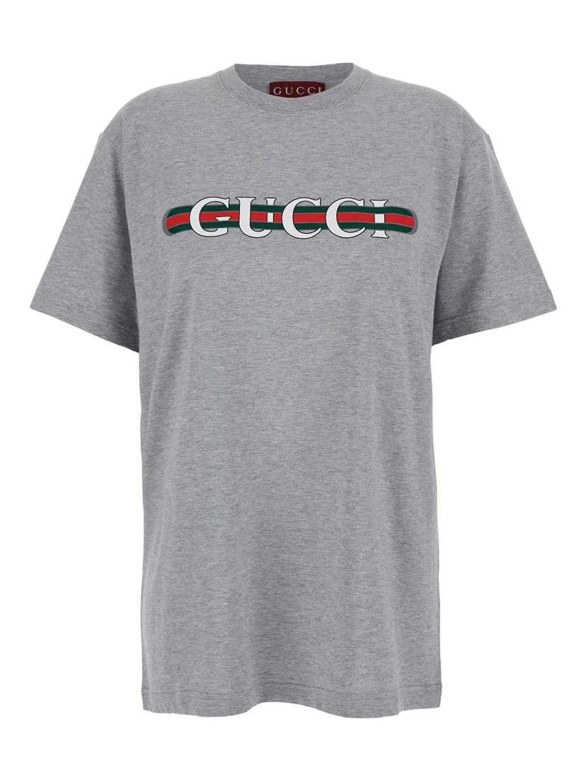 Grey Crewneck T-Shirt with Logo Lettering and Web Detail on the Front in Cotton Woman