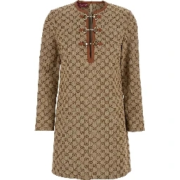 Beige Crewneck Mini Dress with Horsebit on the Front in GG Canvas Woman