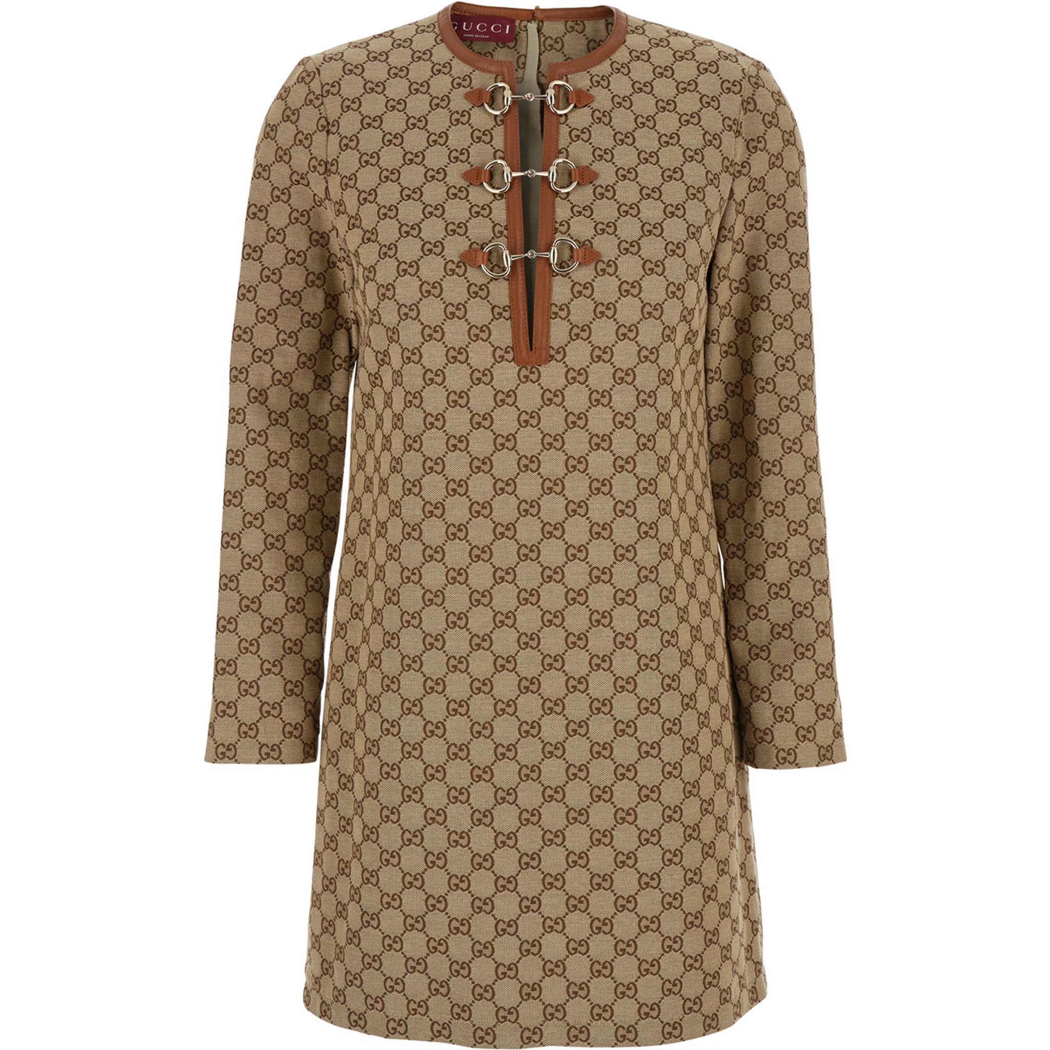 Beige Crewneck Mini Dress with Horsebit on the Front in GG Canvas Woman