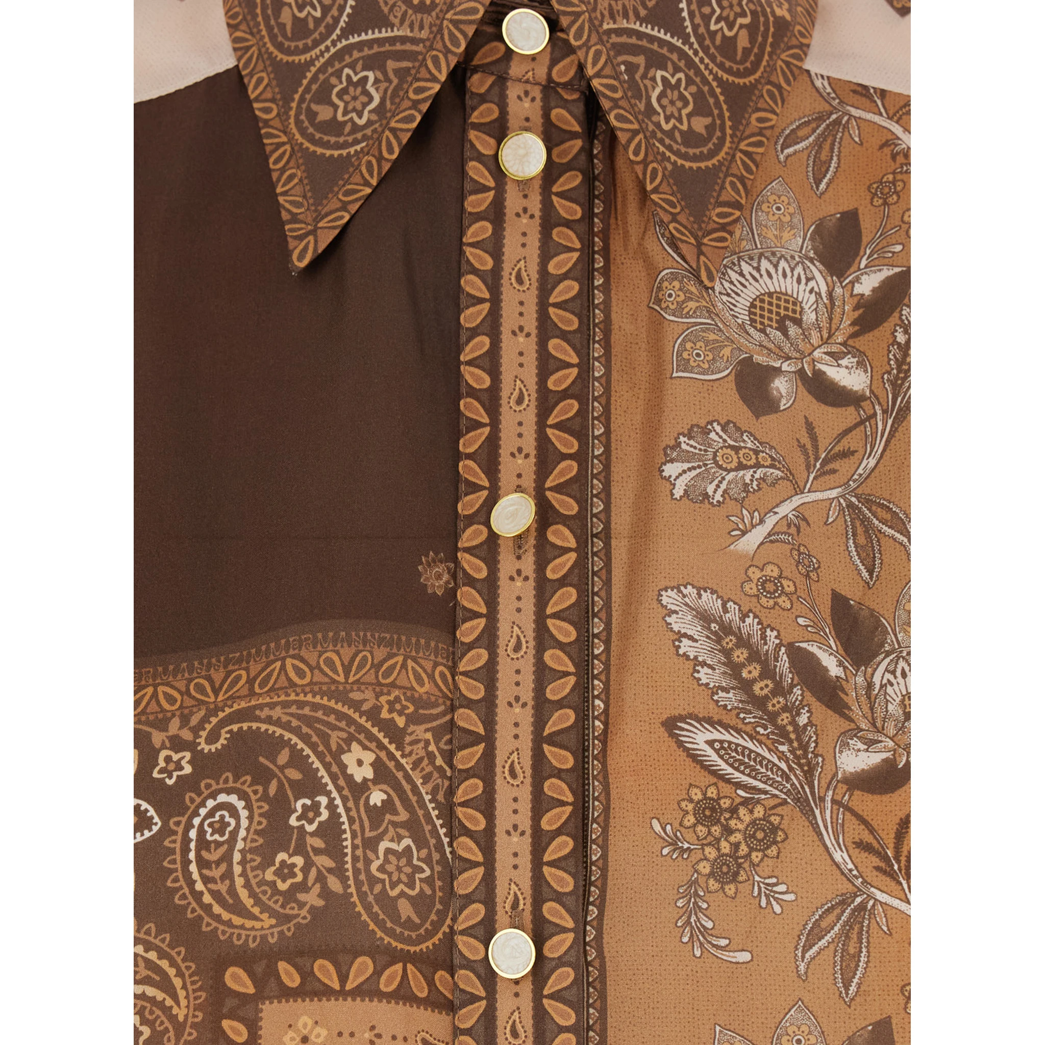 Lucky Brown Shirt with Classic Collar and All-Over Floral Print in Silk Woman