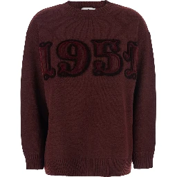 Bordeaux Crew Neck Sweater with Front Embroidery in Wool and Cashmere Blend Woman