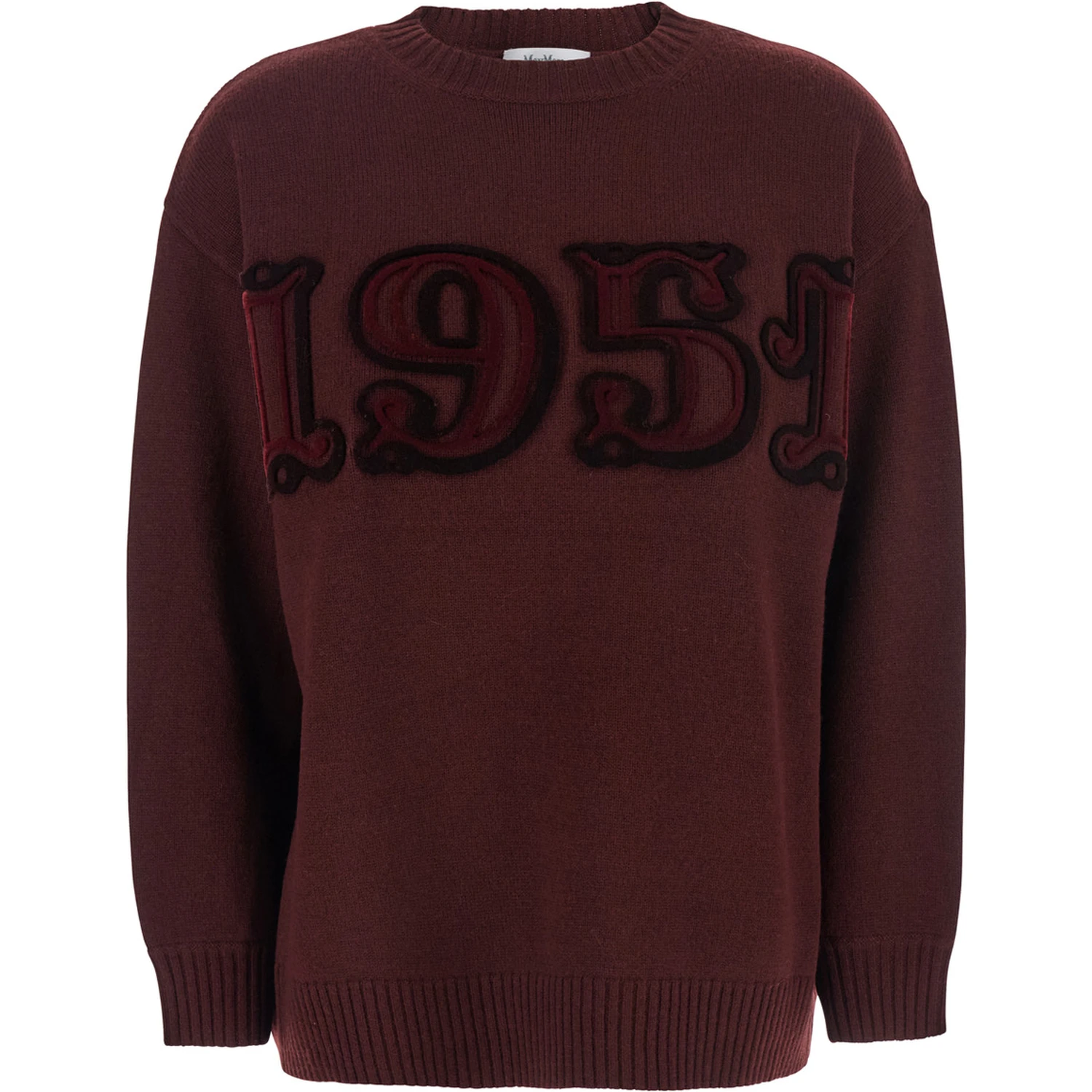 Bordeaux Crew Neck Sweater with Front Embroidery in Wool and Cashmere Blend Woman