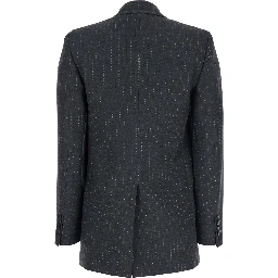 Grey Double-Breasted Jacket with Peak Revers and All-Over Striped Motif in Wool Blend Woman