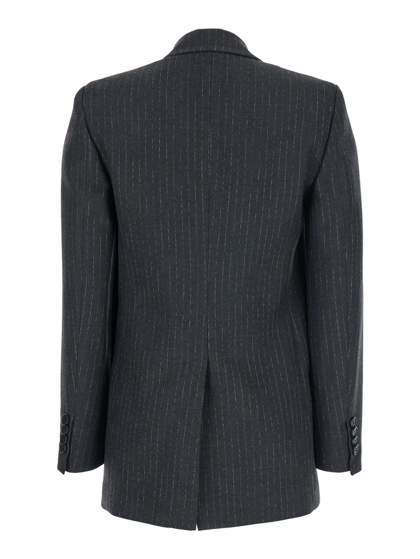 Grey Double-Breasted Jacket with Peak Revers and All-Over Striped Motif in Wool Blend Woman