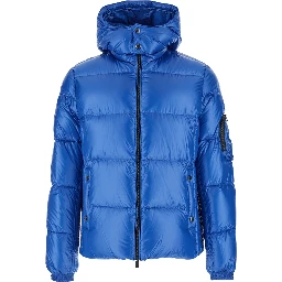 Belbo Blue Down Jacket with Fixed Hood and Logo Patch on the Sleeve in Tech Fabric Man