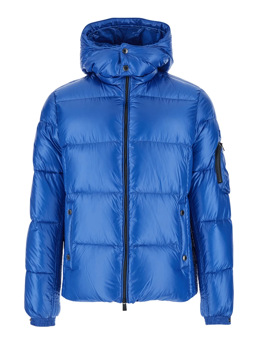 Belbo Blue Down Jacket with Fixed Hood and Logo Patch on the Sleeve in Tech Fabric Man