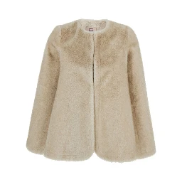 Beige Round Neck Hood with Trapezoid Design in Faux Fur Woman