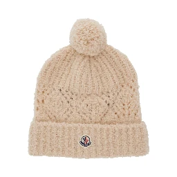 White Beanie with Pompom and Logo Patch on the Front in Wool Girl