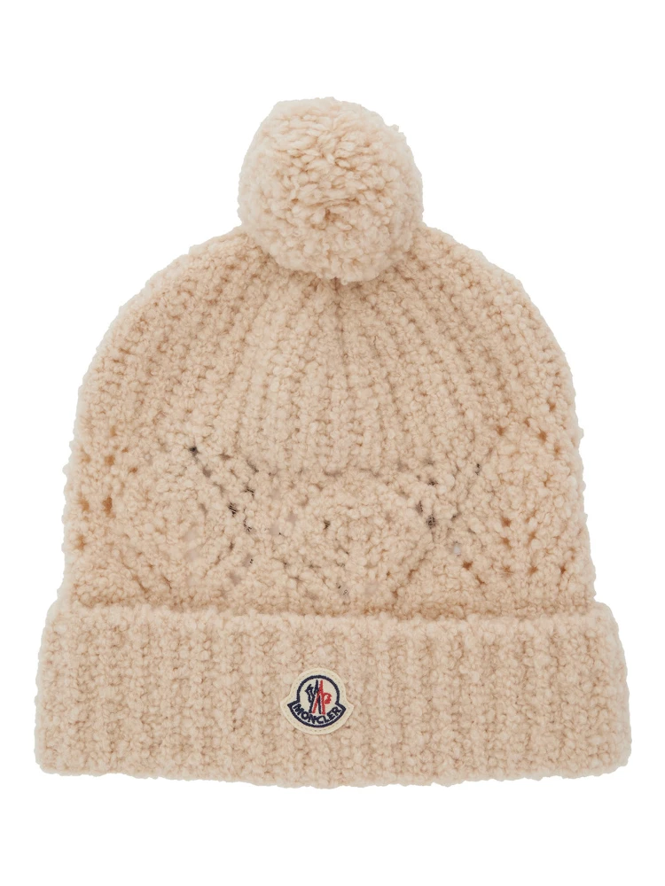 White Beanie with Pompom and Logo Patch on the Front in Wool Girl