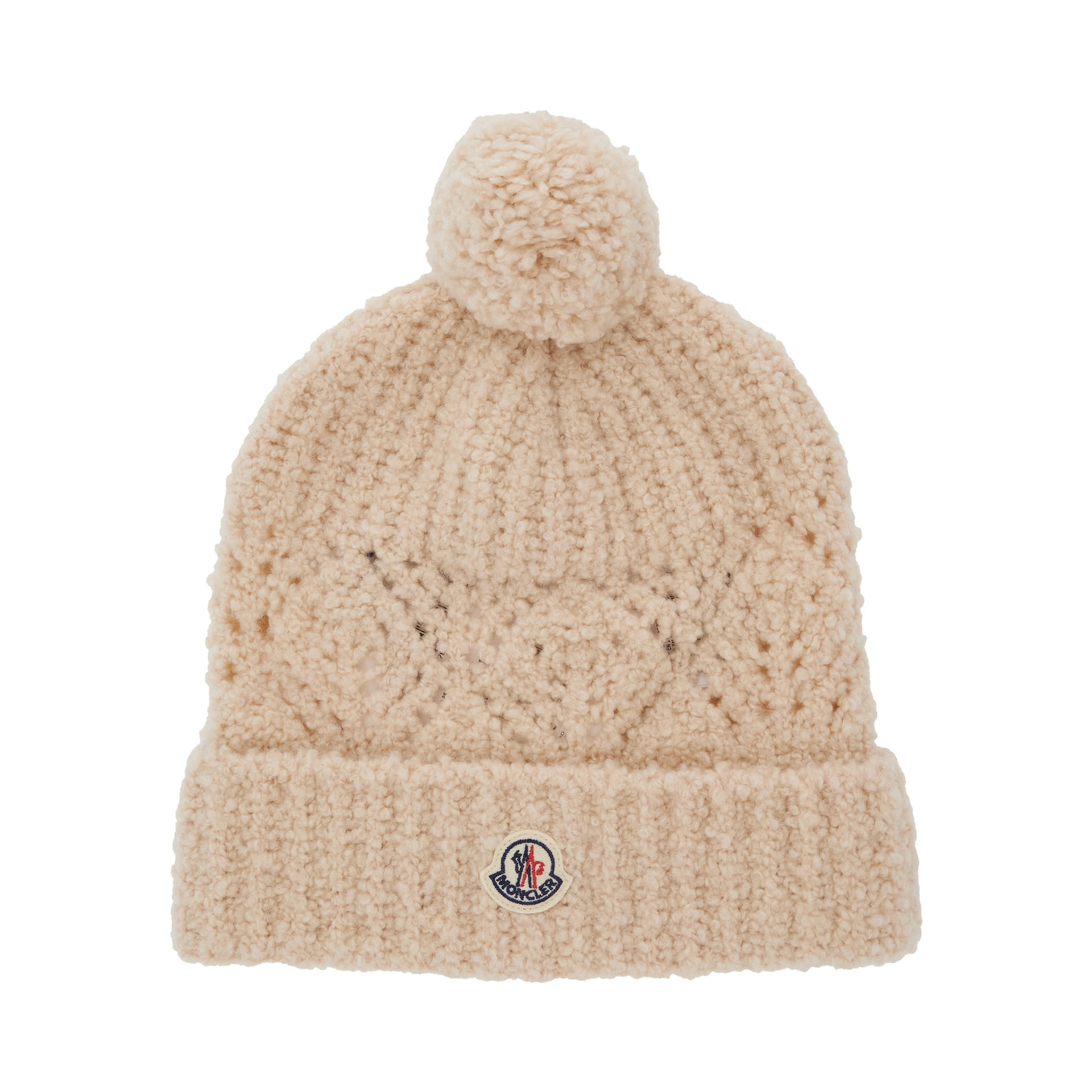 White Beanie with Pompom and Logo Patch on the Front in Wool Girl