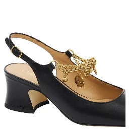 Black Pumps with Decorative Logo Charm and Wide Heel in Leather Woman