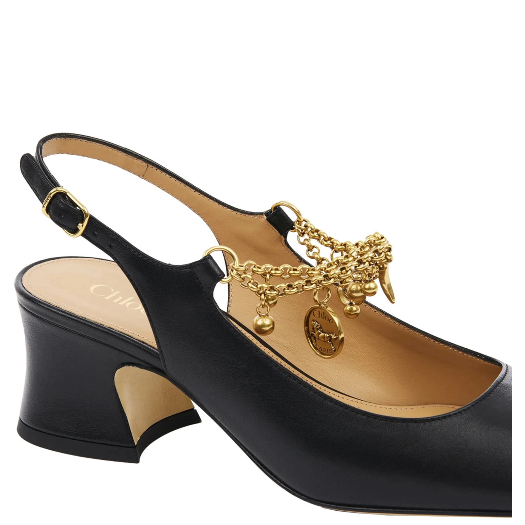 Black Pumps with Decorative Logo Charm and Wide Heel in Leather Woman